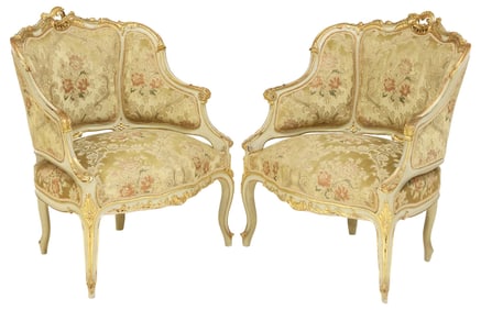 (2) ITALIAN ROCOCO STYLE PARCEL-GILTWOOD PAINTED ARMCHAIRS