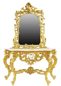 LOUIS XV STYLE GILT MARBLE-TOP CONSOLE TABLE & MIRROR
