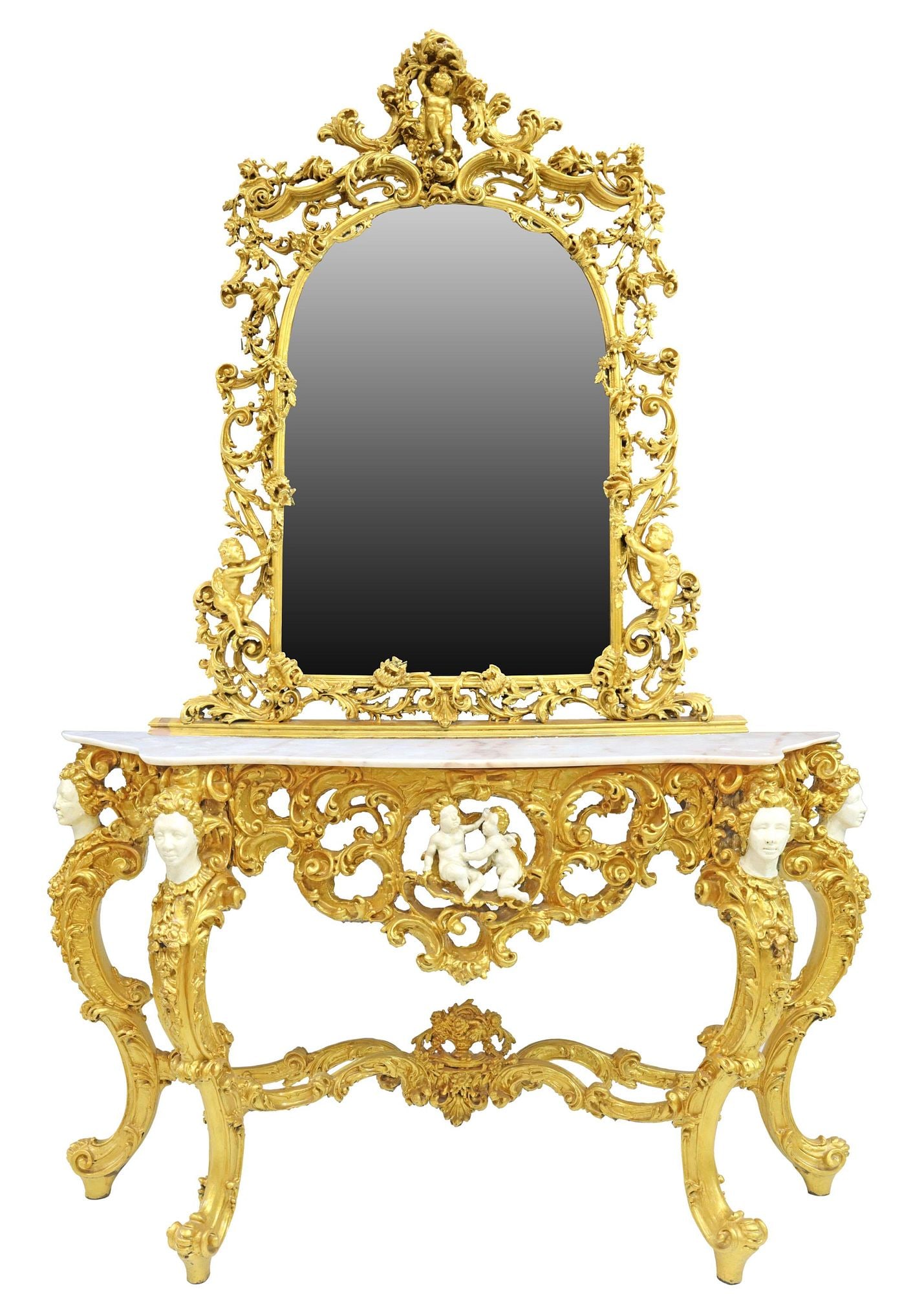 LOUIS XV STYLE GILT MARBLE-TOP CONSOLE TABLE & MIRROR: Louis XV style gilt console table and mirror, 20th c., having large figural putti crest and foliate carved frame enclosing flat mirror plate, over shaped marble top, ornately carved rocaille apron wit