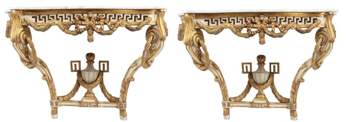 (2) NEOCLASSICAL STYLE MARBLE-TOP CONSOLE TABLES