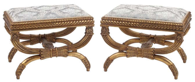 (2) NEOCLASSICAL STYLE SILK-UPHOLSTERED GILTWOOD TABOURETS
