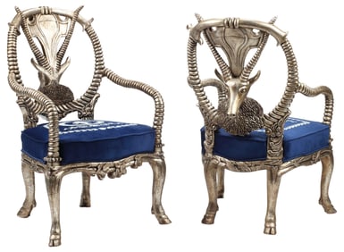 (2) SILVER-GILT CARVED & UPHOLSTERED ANTELOPE MOTIF FANTASY CHAIRS