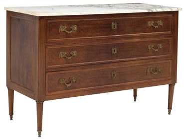FRENCH LOUIS XVI STYLE MARBLE-TOP FIGURED MAHOGANY COMMODE