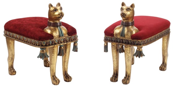 (2) EGYPTIAN STYLE PARCEL GILT CAT-FORM UPHOLSTERED BENCHES