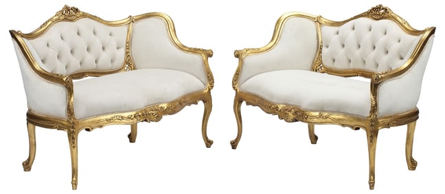 (2) LOUIS XV STYLE UPHOLSTERED GILTWOOD SALON SETTEES