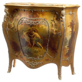LOUIS XV VERNIS MARTIN STYLE MARBLE-TOP PAINTED BOMBE CABINET