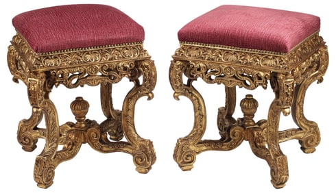 (2) REGENCE STYLE UPHOLSTERED GILTWOOD STOOLS