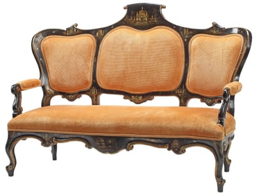 ENGLISH GEORGIAN JAPANNED & MOP-INLAID UPHOLSTERED SALON SETEE
