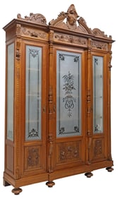 ITALIAN RENAISSANCE REVIVAL CARVED WALNUT & ETCHED GLASS BOOKCASE