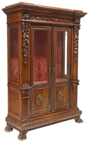 ITALIAN RENAISSANCE REVIVAL CARVED WALNUT DISPLAY BOOKCASE