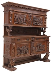 ITALIAN RENAISSANCE REVIVAL CARVED WALNUT KNIGHTS & LIONS SIDEBOARD