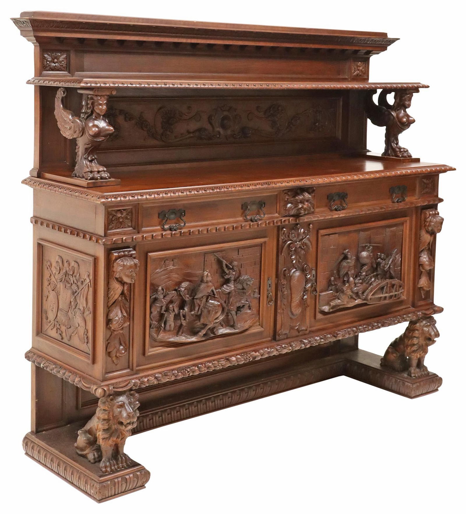 ITALIAN RENAISSANCE REVIVAL CARVED WALNUT KNIGHT & LIONS SERVER (1 of 8)