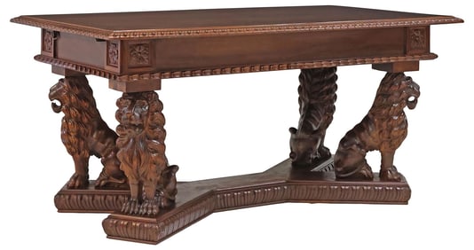 ITALIAN RENAISSANCE REVIVAL CARVED WALNUT LIONS EXTENSION TABLE
