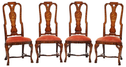 (4) DUTCH ROCOCO STYLE MARQUETRY & MOP DINING CHAIRS