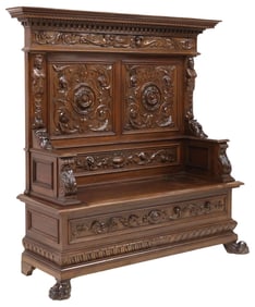 ITALIAN RENAISSANCE REVIVAL CARVED WALNUT HALL BENCH