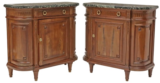 (2) FRENCH LOUIS XVI STYLE MARBLE-TOP MAHOGANY DEMILUNE SIDEBOARDS