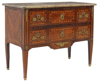 FRENCH TRANSITIONAL STYLE MARBLE-TOP PARQUETRY COMMODE