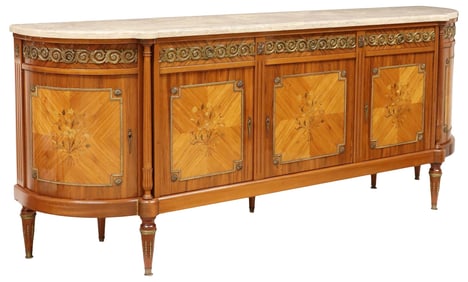 FRENCH LOUIS XVI STYLE MARBLE-TOP LACQUERED MARQUETRY SIDEBOARD