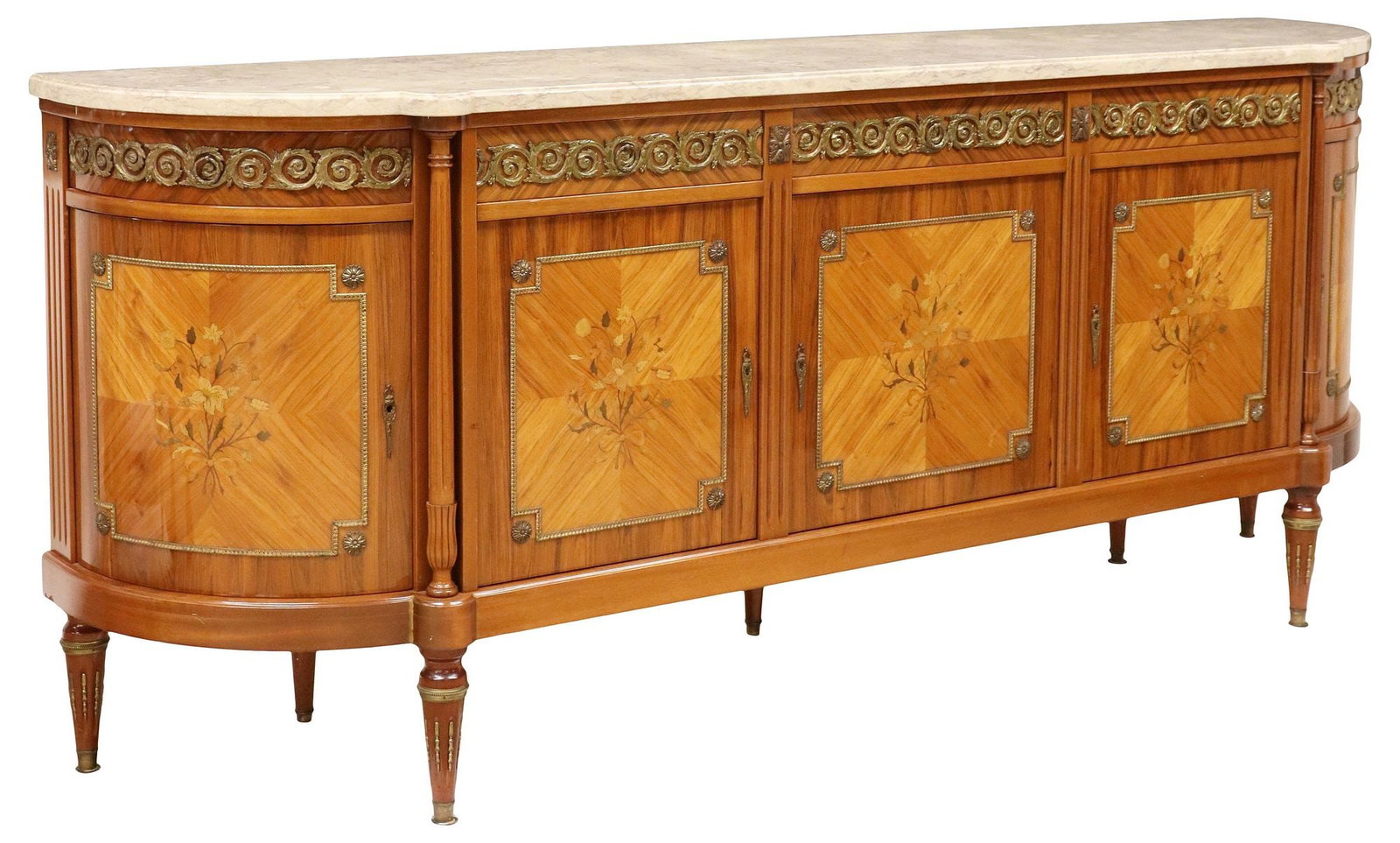 FRENCH LOUIS XVI STYLE MARBLE-TOP LACQUERED MARQUETRY SIDEBOARD: French Louis XVI style matched veneer sideboard, 20th c., having shaped demilune marble top, over frieze mounted with gilt metal rinceau, fitted with five cabinet doors with bookmatched trim and 