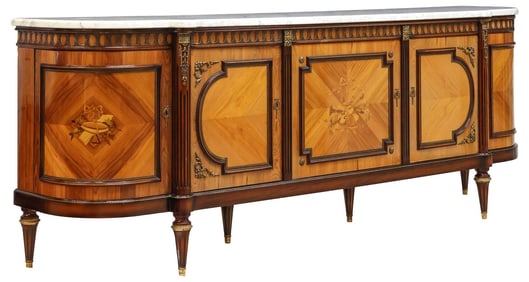 FRENCH LOUIS XVI STYLE MARBLE-TOP ROSEWOOD MARQUETRY SIDEBOARD