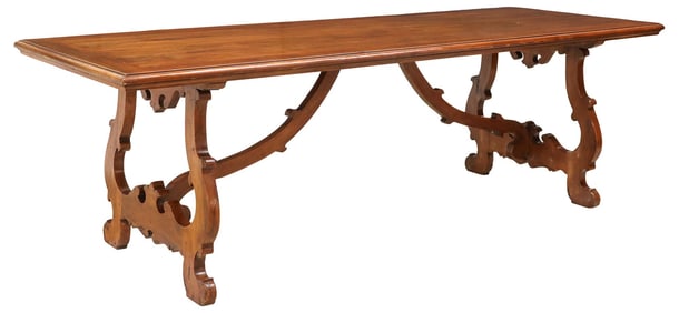 SPANISH BAROQUE STYLE WALNUT TRESTLE DINING TABLE, 99"L