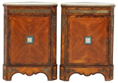 (2) NAPOLEON III PERIOD PORCELAIN-INSET ROSEWOOD CORNER CABINETS