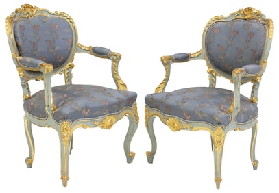 (2) ITALIAN ROCOCO STYLE PARCEL-GILTWOOD PAINTED ARMCHAIRS