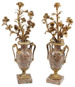 (2) FRENCH ORMOLU & PINK GRANITE THREE-LIGHT CANDELABRAS