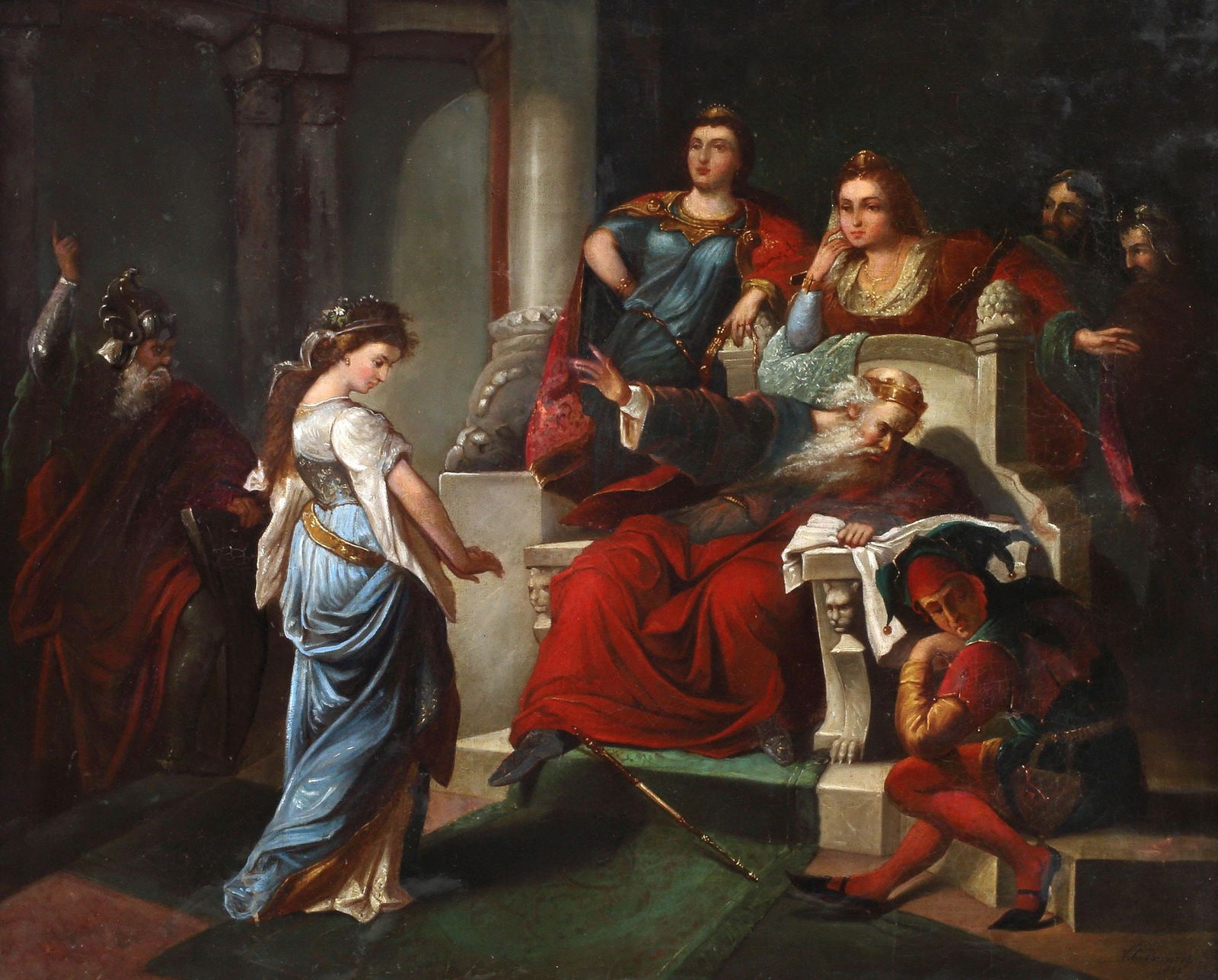 AFTER VALENTINE CAMERON PRINSEP PAINTING KING LEAR ACT 1 SCENE I: Framed oil on canvas painting, Cordelia in the Court of King Lear (William Shakespeare, The Tragedy of King Lear, Act I - Scene I), signed lower right V.C. Prinsep 1860, after Valentine Cameron Prinse