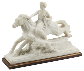 LARGE CARVED MARBLE SCULPTURE, DIANA THE HUNTRESS ON HORSEBACK, 29" X 39"