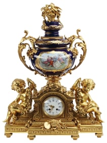 FRENCH SEVRES STYLE PORCELAIN & ORMOLU CHERUBS MANTEL CLOCK