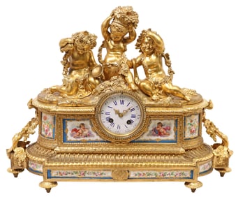 FRENCH SEVRES-STYLE PORCELAIN & ORMOLU PUTTI MANTEL CLOCK