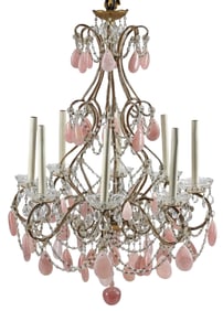 CRYSTAL & ROSE QUARTZ TIERED 8-LIGHT CHANDELIER, 24"DIAM
