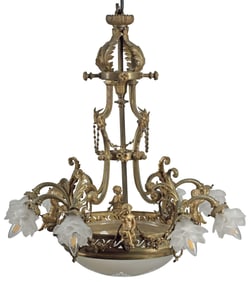 FRENCH BELLE EPOQUE BRONZE & FROSTED GLASS 8-LIGHT CHANDELIER