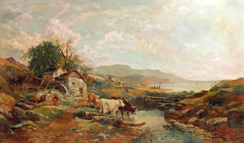 JOSEPH HORLOR (1809-1887) WELSH LANDSCAPE CATTLE & MILL, 36" X 60"