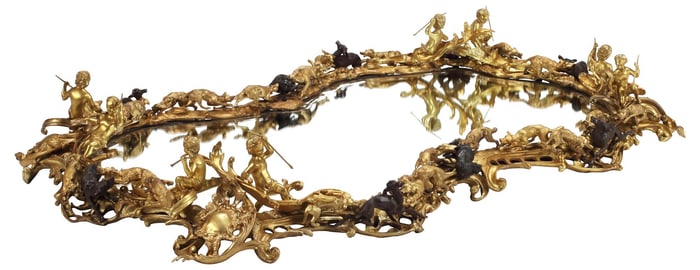 LOUIS XV STYLE ORMOLU & PATINATED BRONZE HUNT SCENE SURTOUT DE TABLE