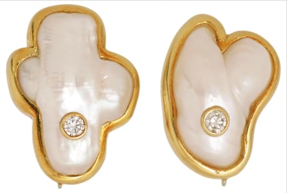 ESTATE TAMBETTI 18KT GOLD, BLISTER PEARL & DIAMOND EARRINGS