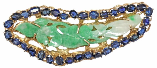 UNUSUAL ESTATE 18KT GOLD, JADEITE & BLUE SAPPHIRE BROOCH