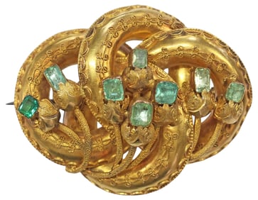 ESTATE VICTORIAN ETRUSCAN REVIVAL 18KT GOLD & EMERALD PENDANT BROOCH
