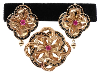 (2) ESTATE VICTORIAN 14KT GOLD, ENAMEL & RUBY BROOCH & EARRINGS