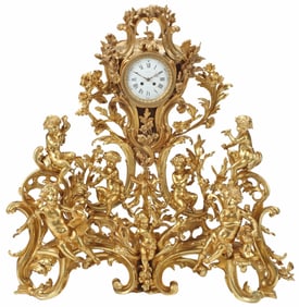 LARGE LOUIS XV STYLE ORMOLU SCROLLWORK MANTEL CLOCK, 36"H