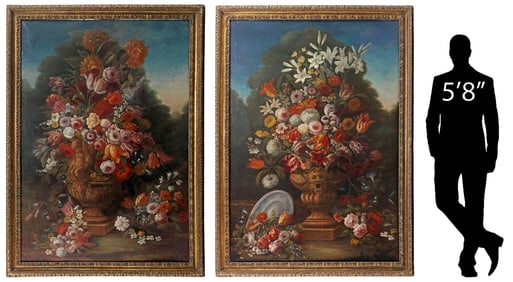 (2) CIRCLE OF GIACOMO NANI (18TH C.) OPULENT FLORAL STILL LIFE PAINTINGS