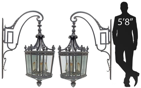 (2) MONUMENTAL OCTAGONAL BRONZE & IRON 5-LIGHT WALL LANTERNS, 62"H