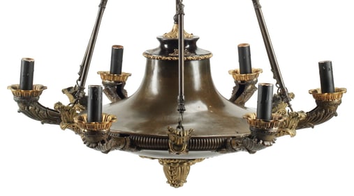 FRENCH EMPIRE STYLE PARCEL-GILT BRONZE SIX-LIGHT CHANDELIER