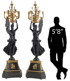(2) MONUMENTAL EMPIRE STYLE BRONZE FIGURAL VICTORY 14-LT CANDELABRA, 90.5"H
