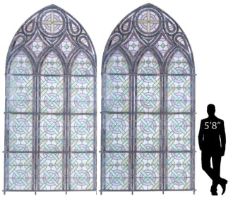 (2) GOTHIC REVIVAL STAINED & LEADED GLASS POINTED ARCH WINDOWS, 161" X 82.5"