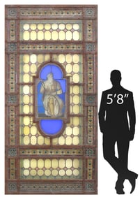 LARGE ARCHITECTURAL STAINED & PAINTED GLASS CHURCH WINDOW, 8'5"H