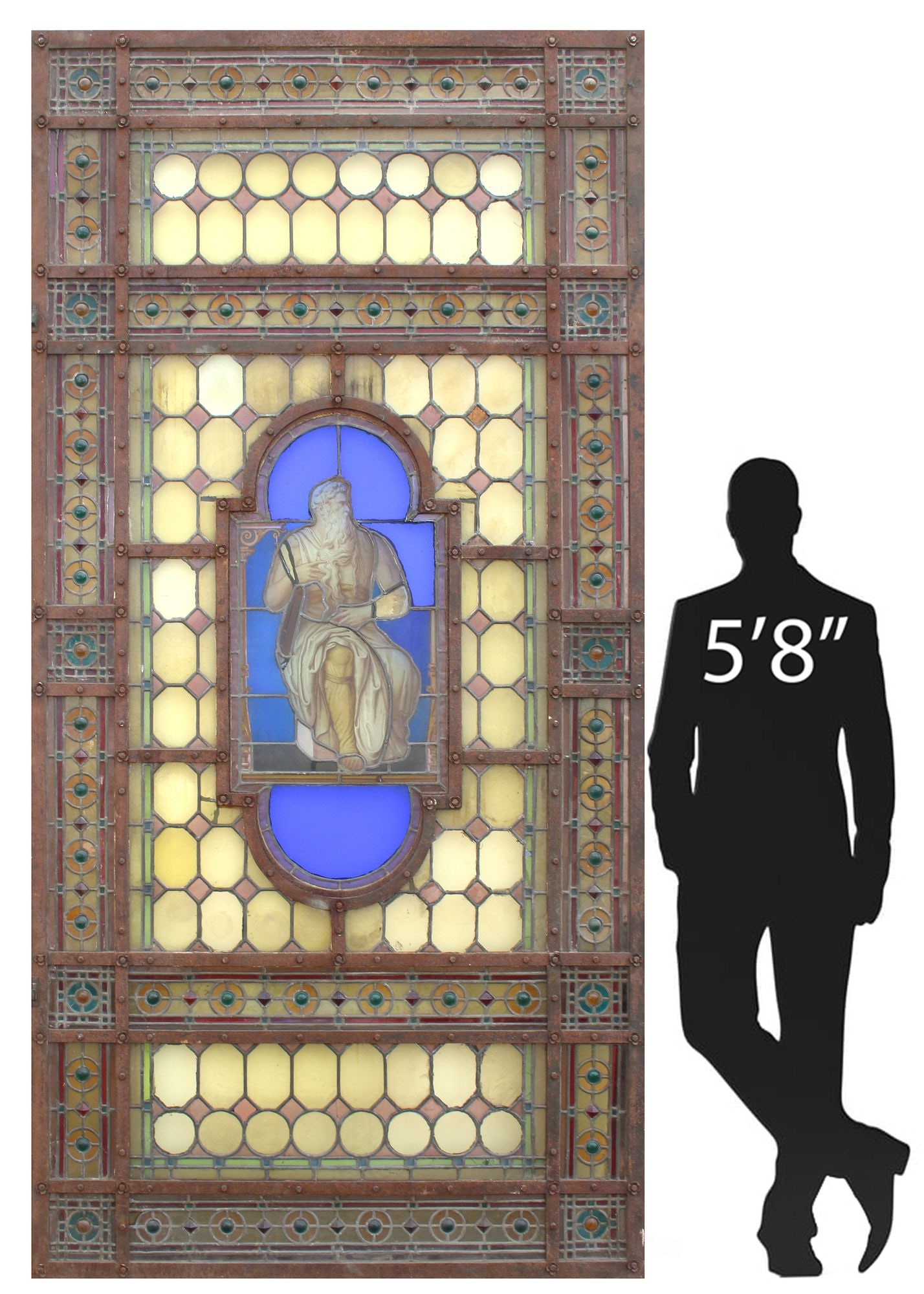 LARGE ARCHITECTURAL STAINED & PAINTED GLASS CHURCH WINDOW, 8'5"H (1 of 6)