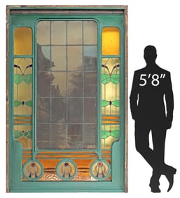 ARCHITECTURAL ART NOUVEAU STAINED & PAINTED GLASS WINDOW, 90" X 58"