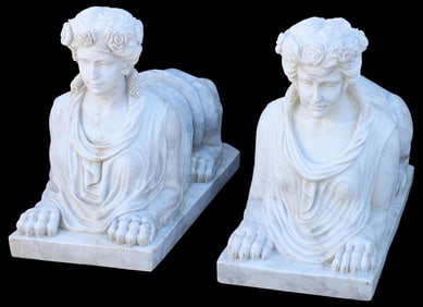 (2) CARVED MARBLE FIGURAL SPHINX SCULPTURES